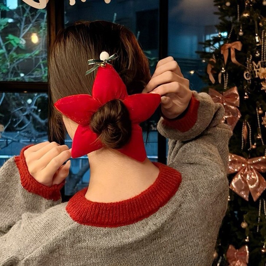 Women's Festive Cloth Scrunchie Hair Tie Red Star Christmas Tree