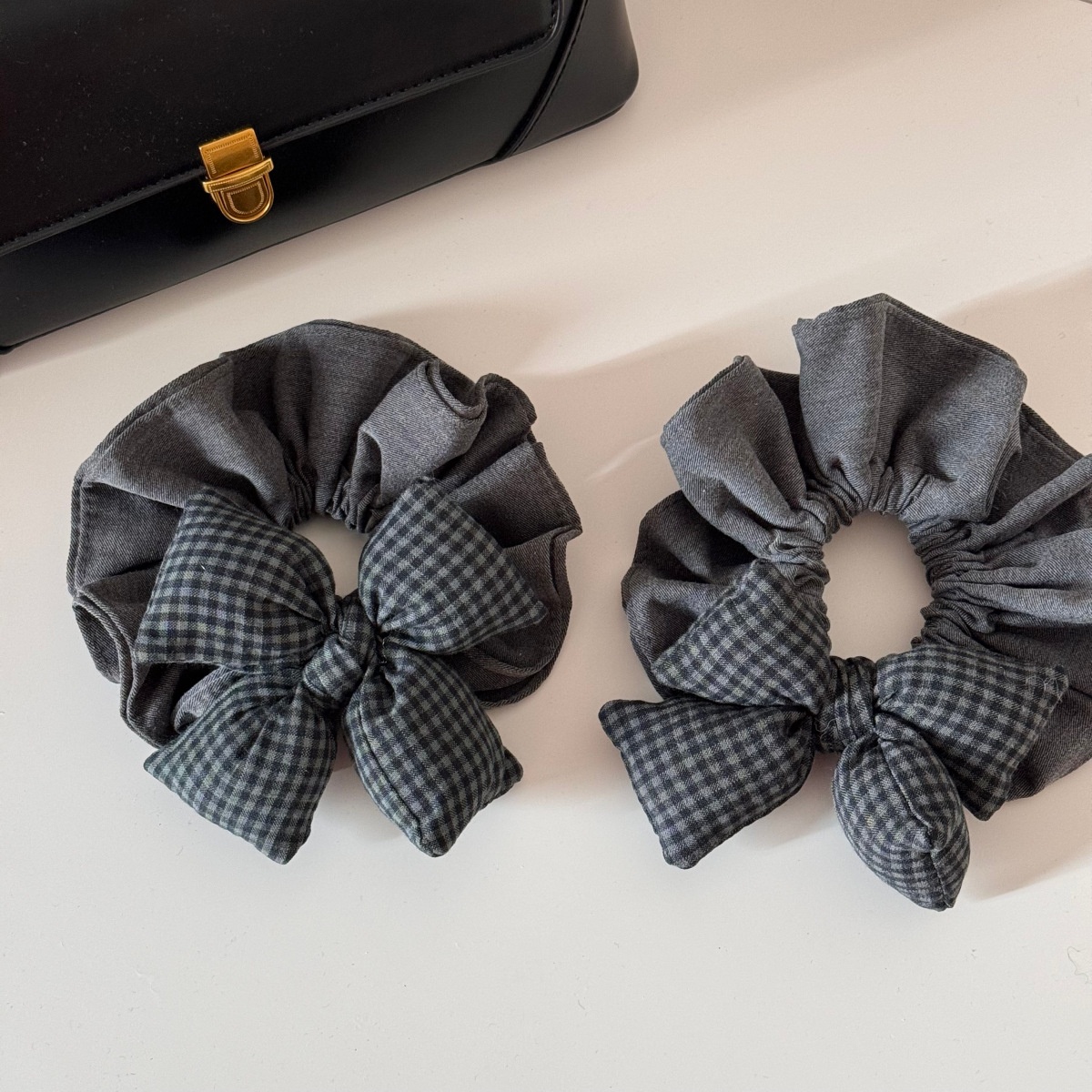 Women's High Elastic Cloth Bowknot Hair Tie For Ponytails Grey Plaid
