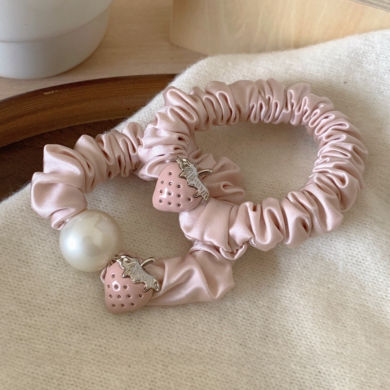 Women's Spring Summer Satin Pearl Hair Tie Sweet Pink Strawberry