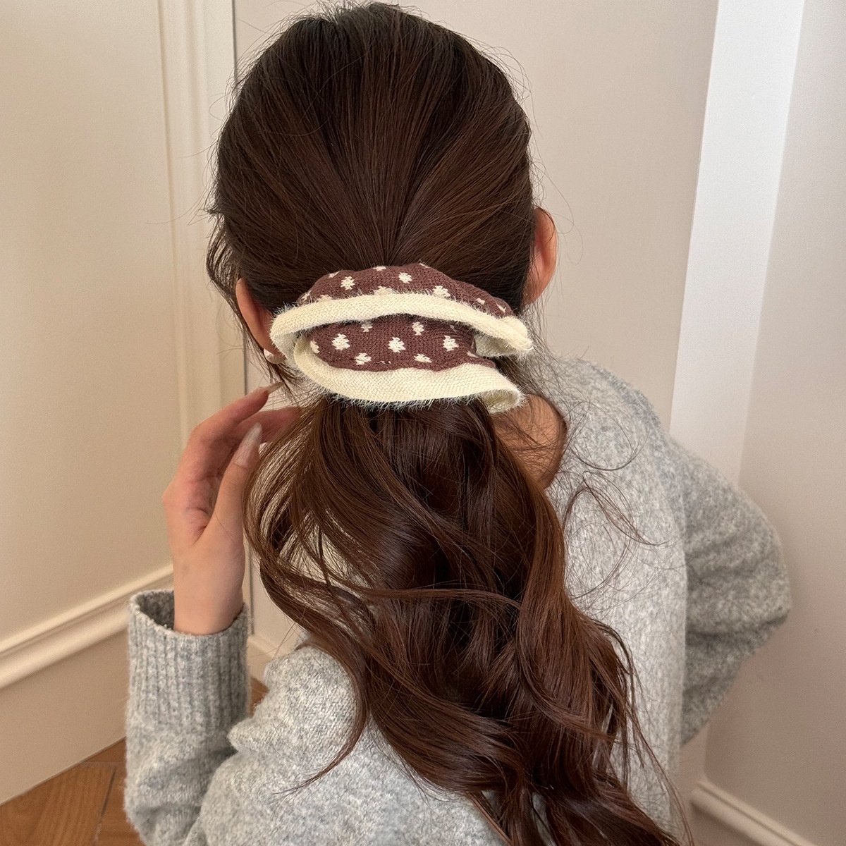 Girls' Retro Knitted Lace Large Bow Hair Ties Sweet Heart Winter Solid Colors