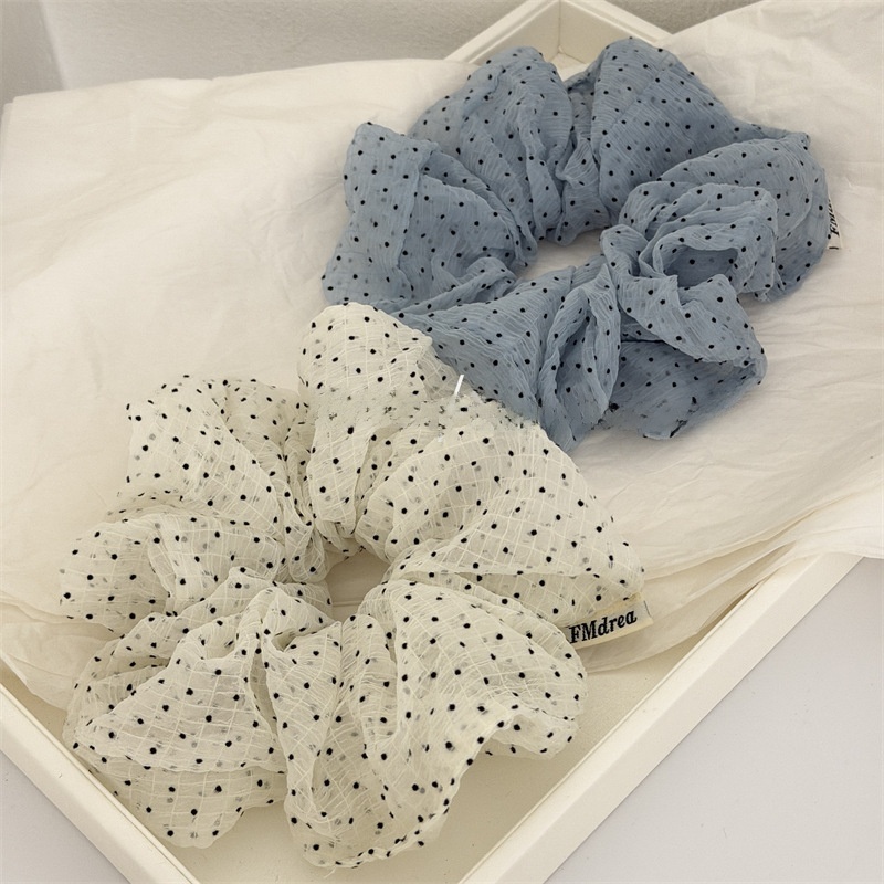 Women's Soft Tulle Ponytail Holder Hair Tie White and Blue Polka Dots
