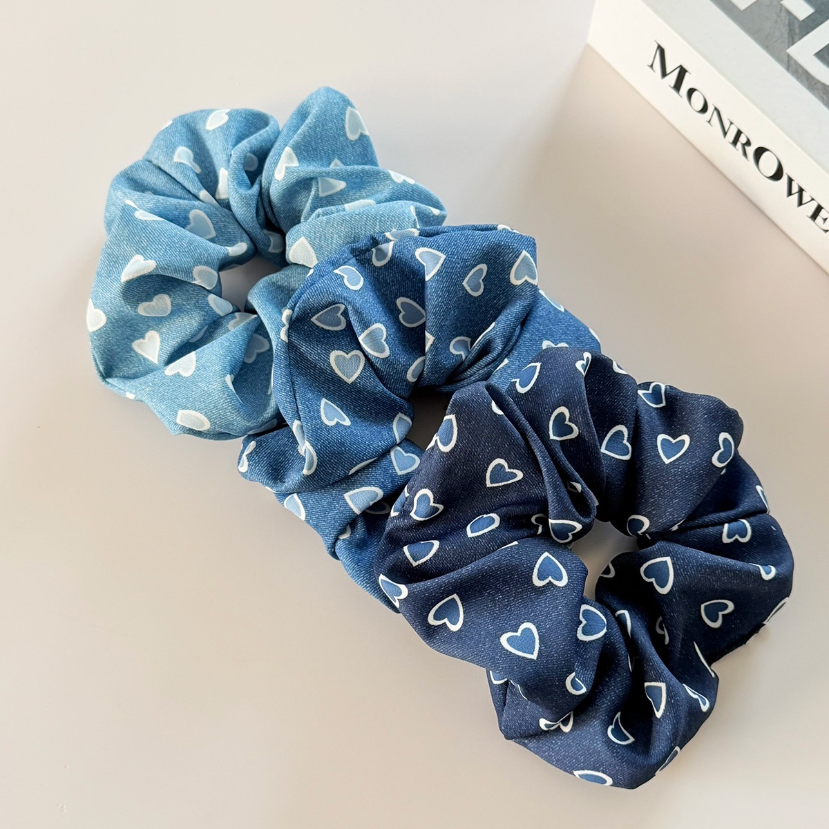 Women's Vintage Denim Hair Tie Band Accessory Blue Heart Shaped Print
