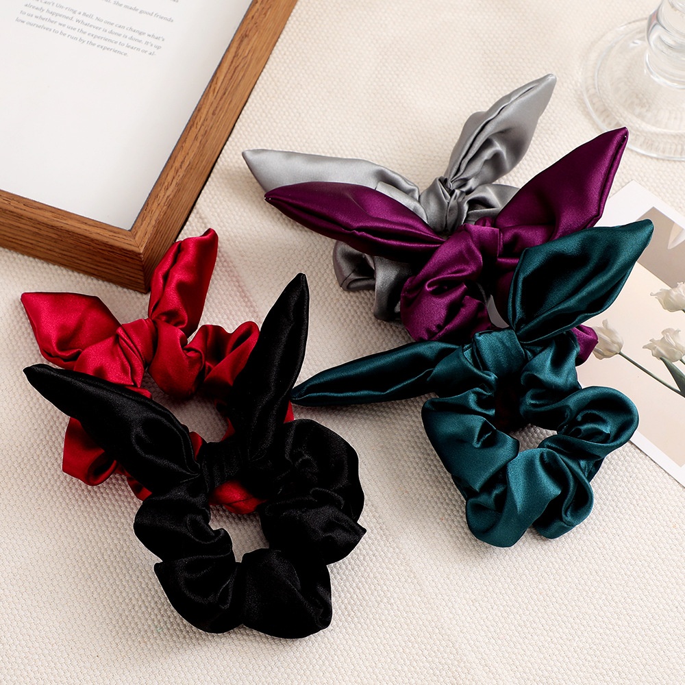 Women's Daily Satin Bowknot Hair Tie Rubber Band Black Bunny Ears