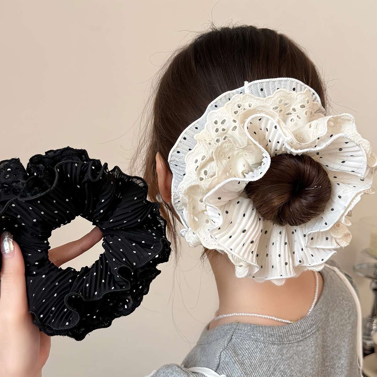 Women's Lace Scrunchie Hair Tie For Elegant Looks Black White Polka Dots