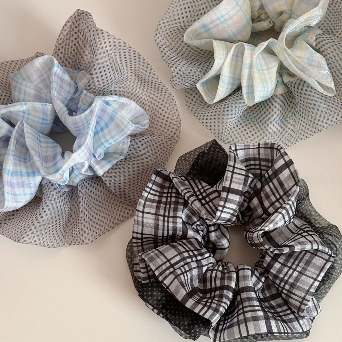 Women's Oversized Spring Tulle Hair Tie Scrunchie Green Polka Dots