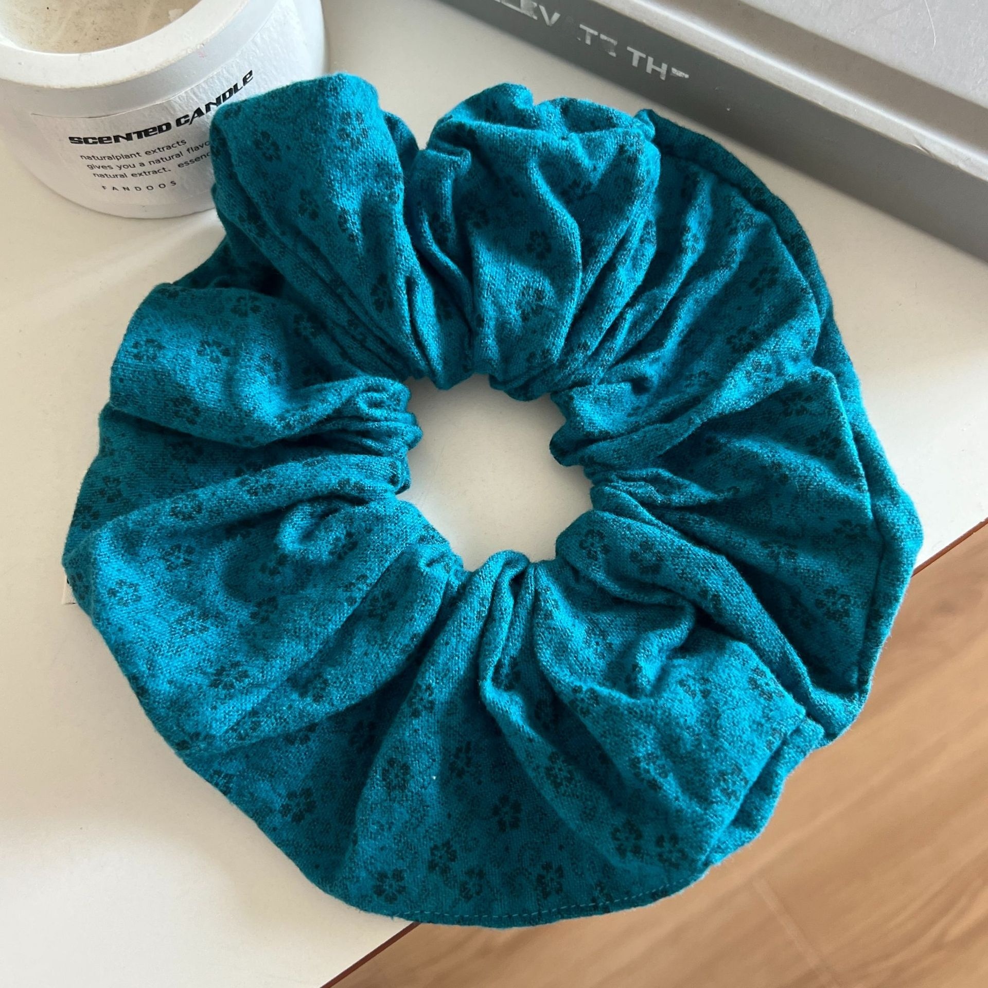 Women's Elegant Large Bun Bowknot Hair Tie in Simple Blue Small Floral Cloth