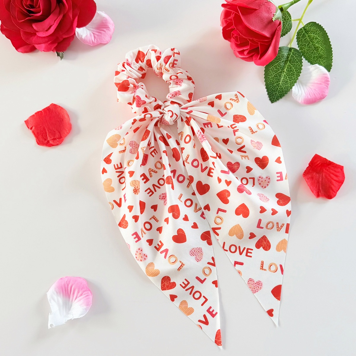 Women's Fabric Bow Hair Tie Ponytail Holder Valentine Heart Lip Print