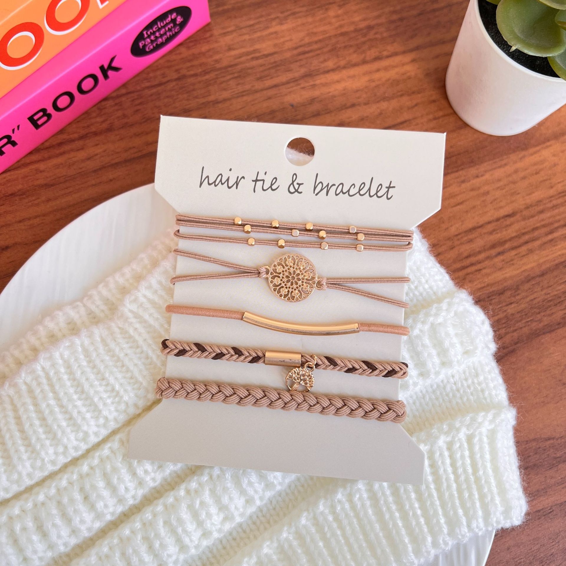 Women's 5Pcs Brown Metal Tree of Life Elastic Hair Tie Bracelet Set