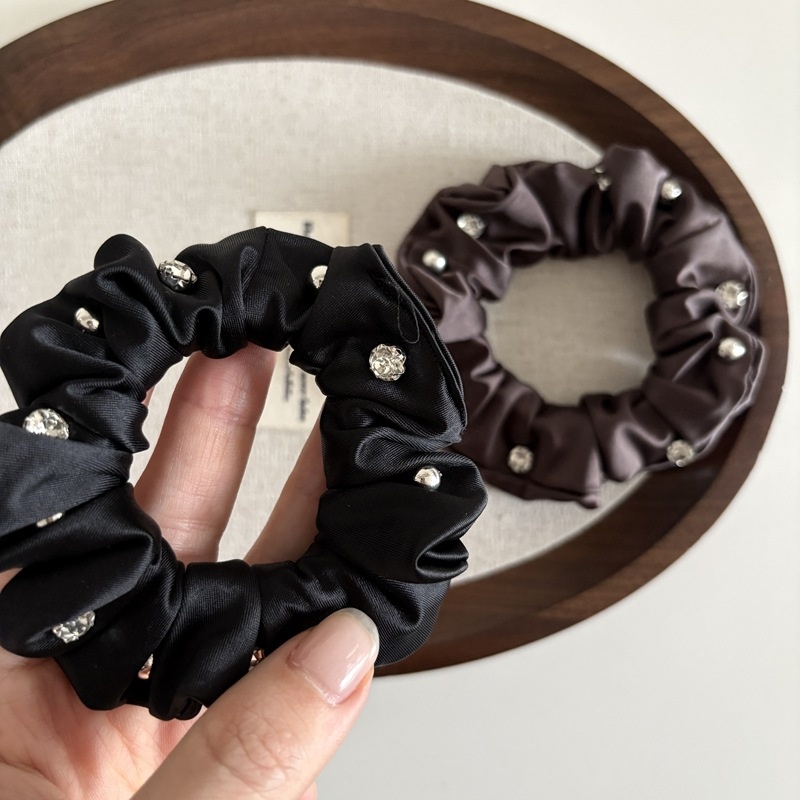 Women's Elegant Satin Crystal Ponytail Hair Ties Solid Black Coffee