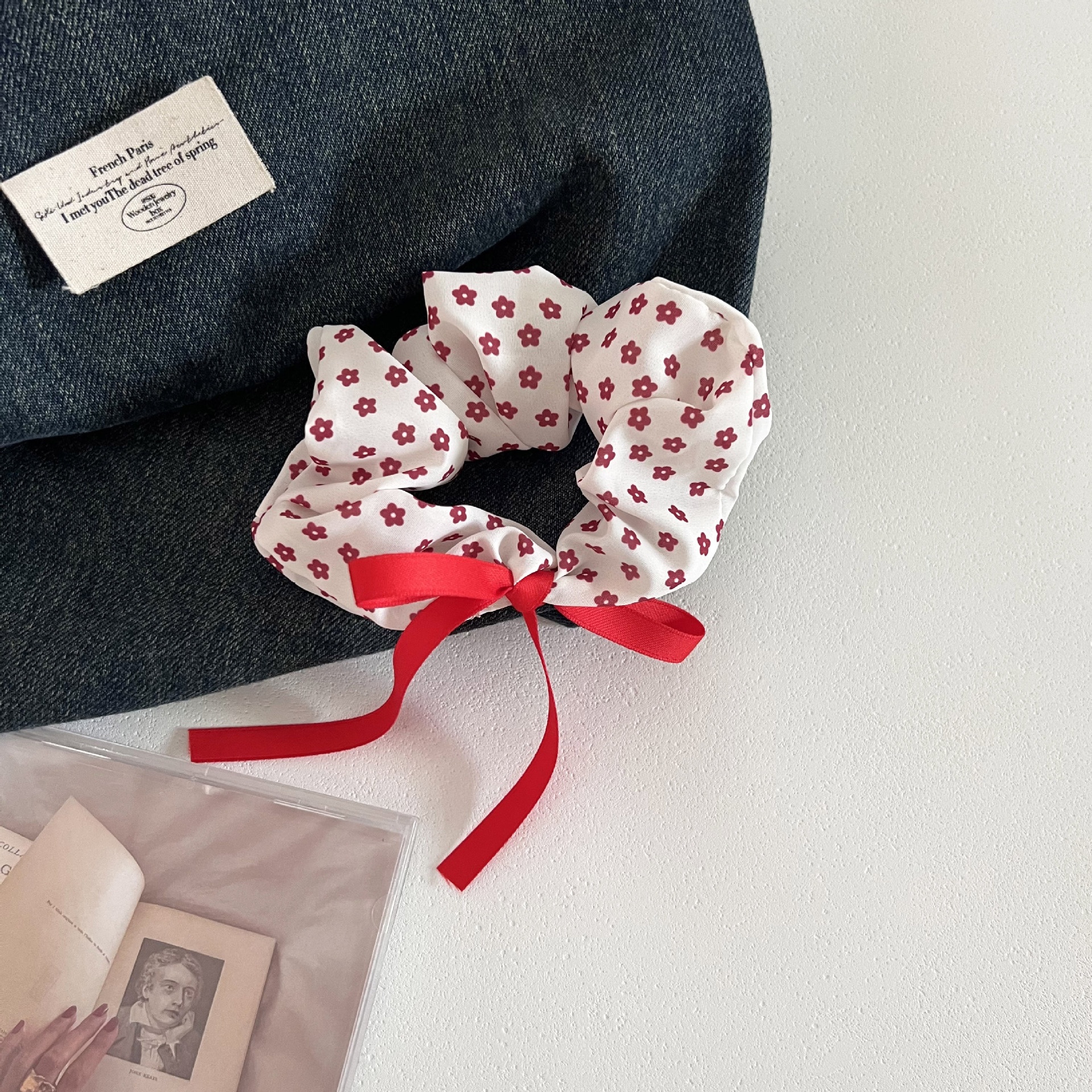 Women's Cloth Bowknot Hair Tie White Red Ditsy Floral Heart Print