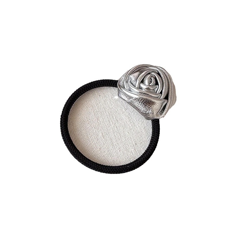 Women Durable Cloth Hair Bun Tie All Seasons Rose Flower Black Silver