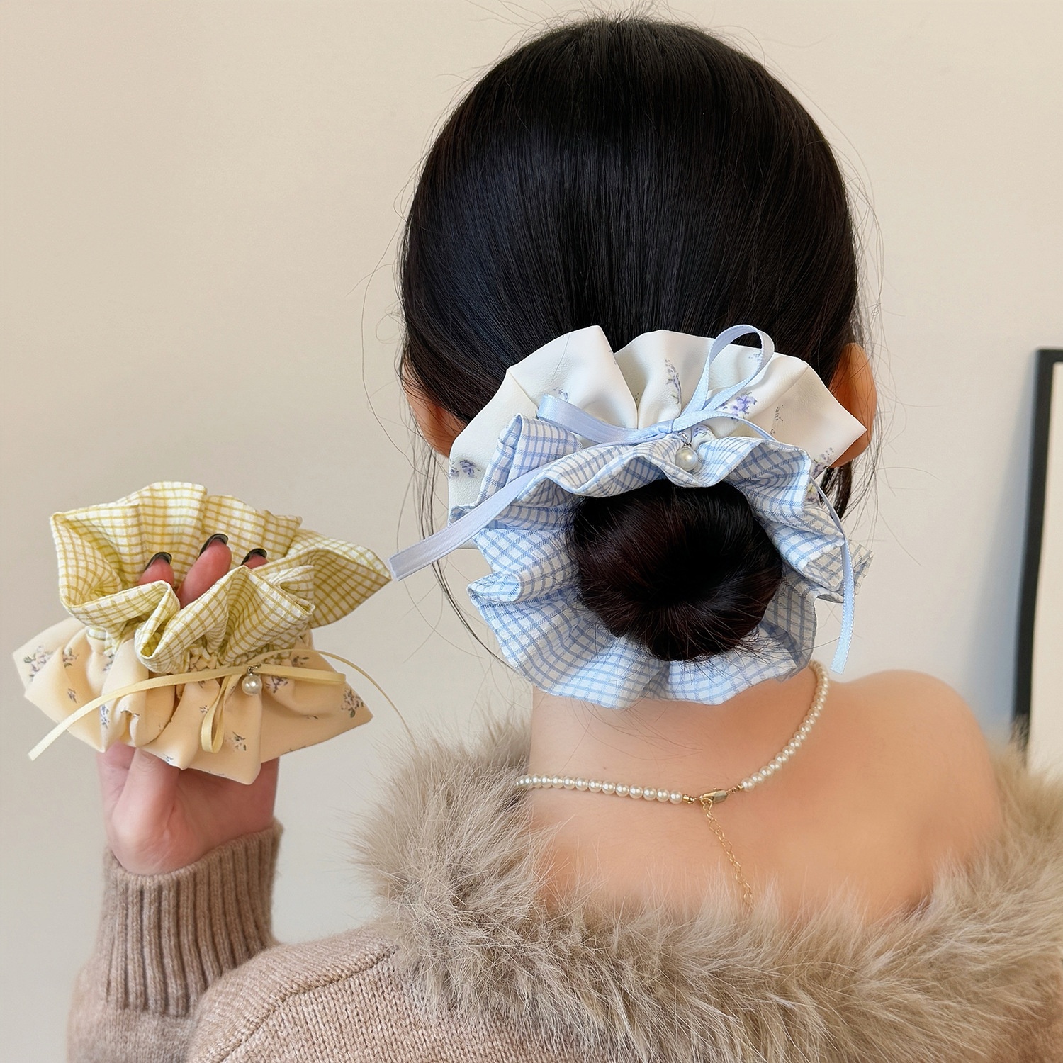 Women Spring Preppy Lace Fabric Hair Tie Scrunchie Blue Yellow Plaid