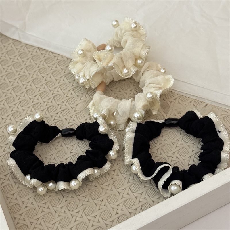 Women's Pearl Bubble Braid Cloth Hair Tie Summer Accessory Beige Black