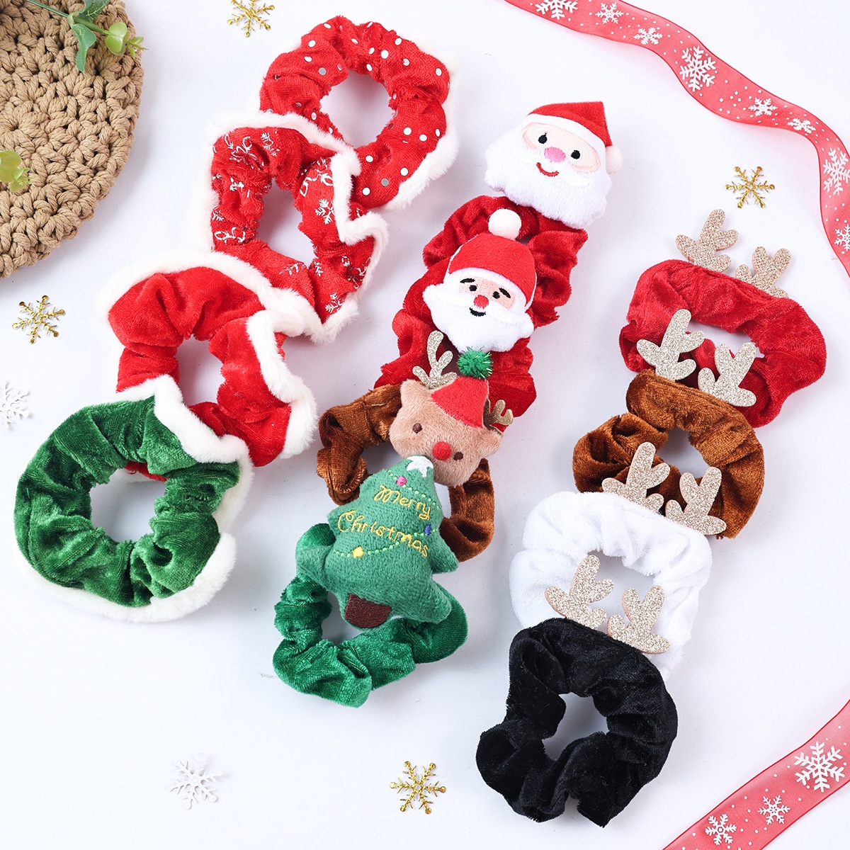Women Cute Christmas Deer Plush Hair Ties High Elasticity Festive Fabric Hair Bands