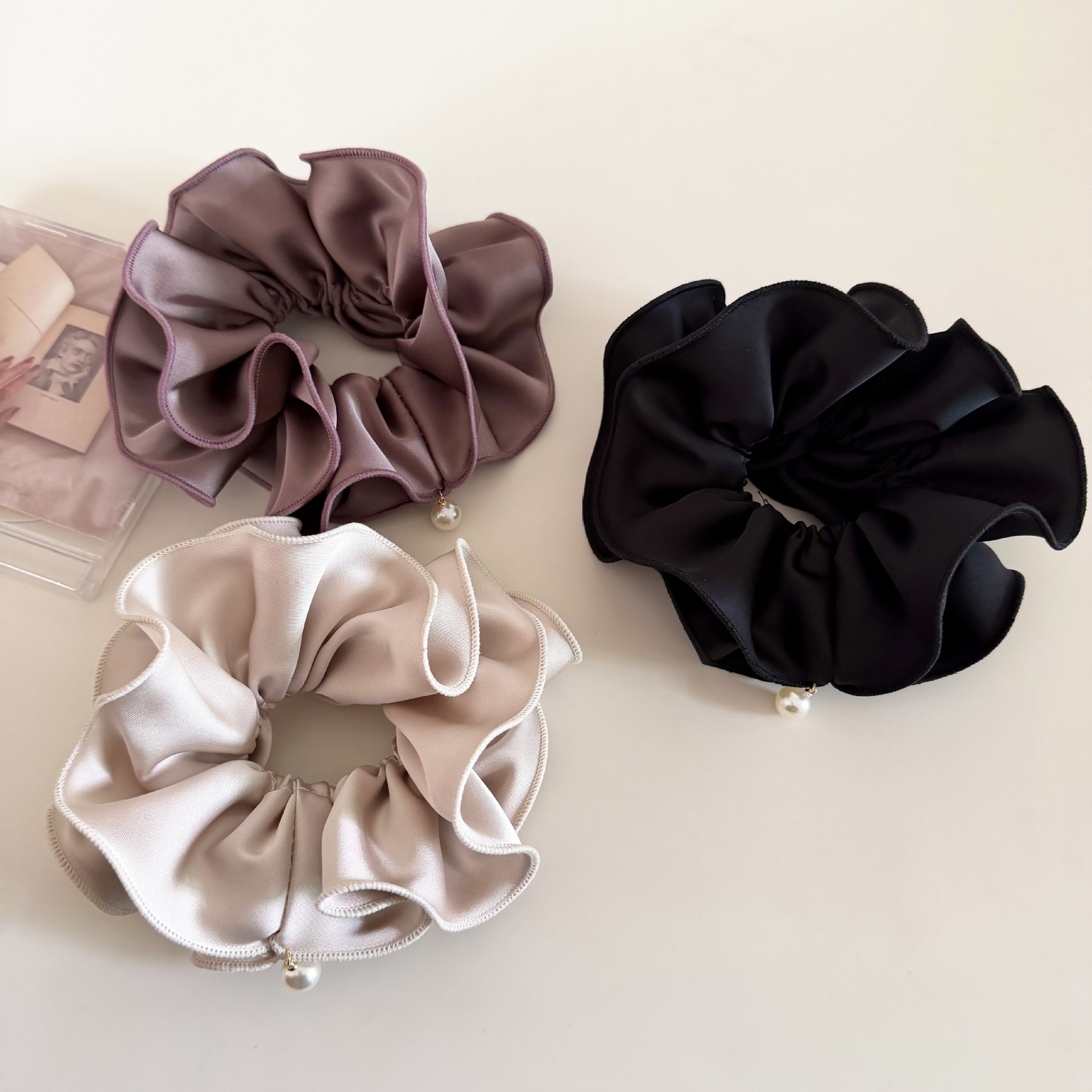 Women's Satin Ruched Bowknot Hair Tie Soft Pearl Elegant Solid Color