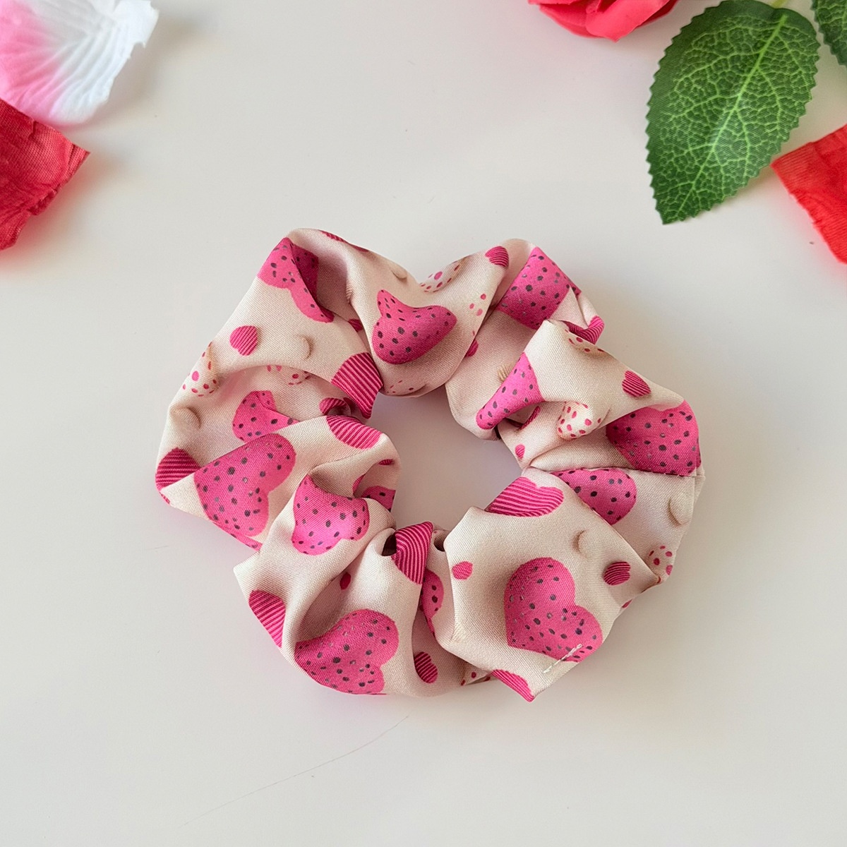 Women's Elastic Fabric Large Bow Hair Tie Valentine Candy Heart Print