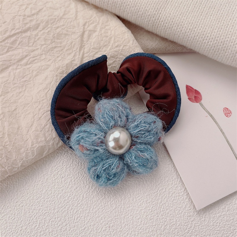 Women's Pearl Knitted Flower Elastic Hair Tie Floral Blue Yellow Hair Band