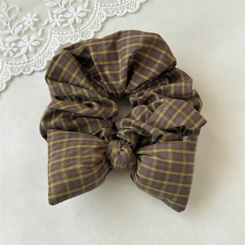 Women's Large Retro Plaid Bowknot Hair Tie Preppy Fabric Elastic Band