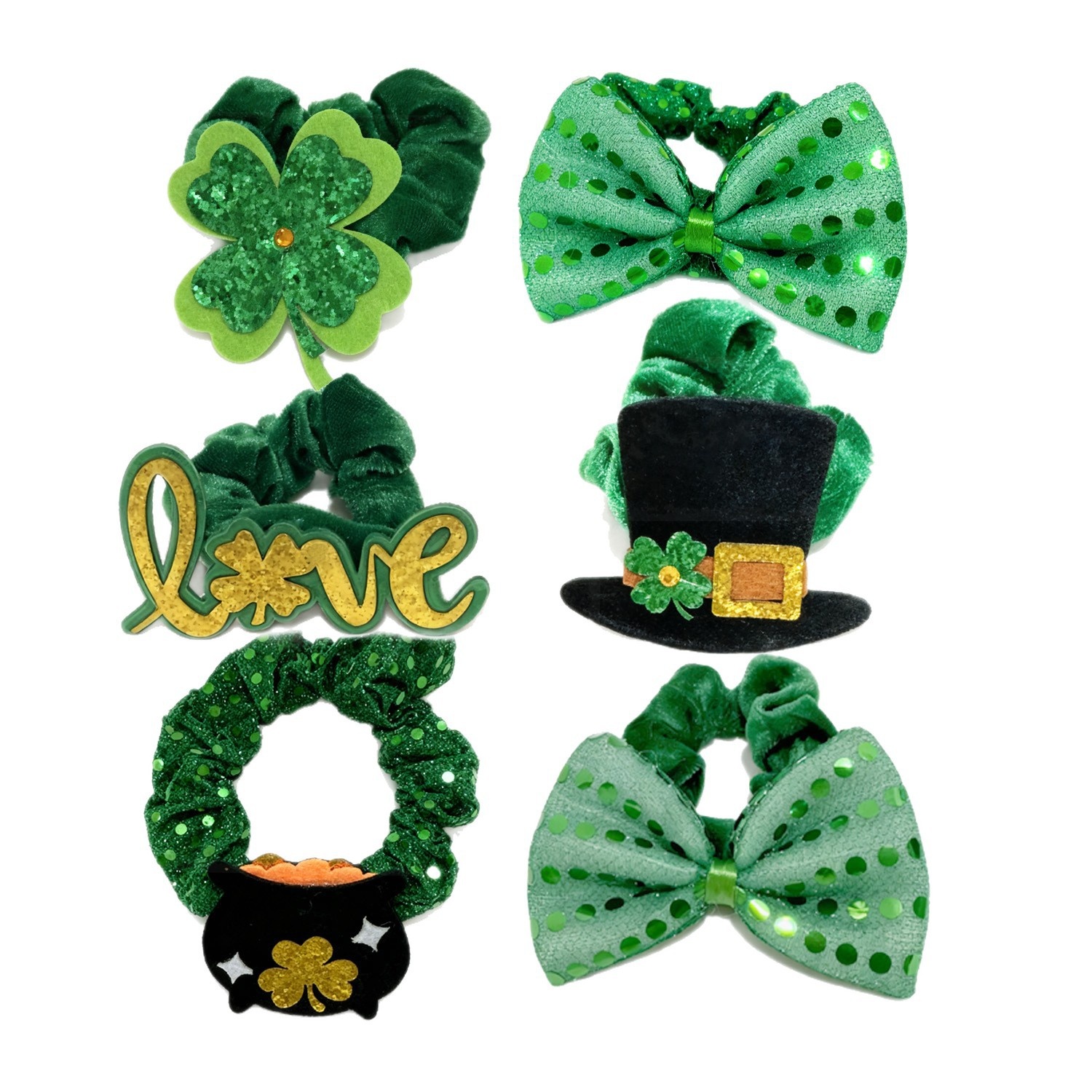 Women's St. Patrick's Day Velvet Hair Tie Green Clover Sequin Bow Knot
