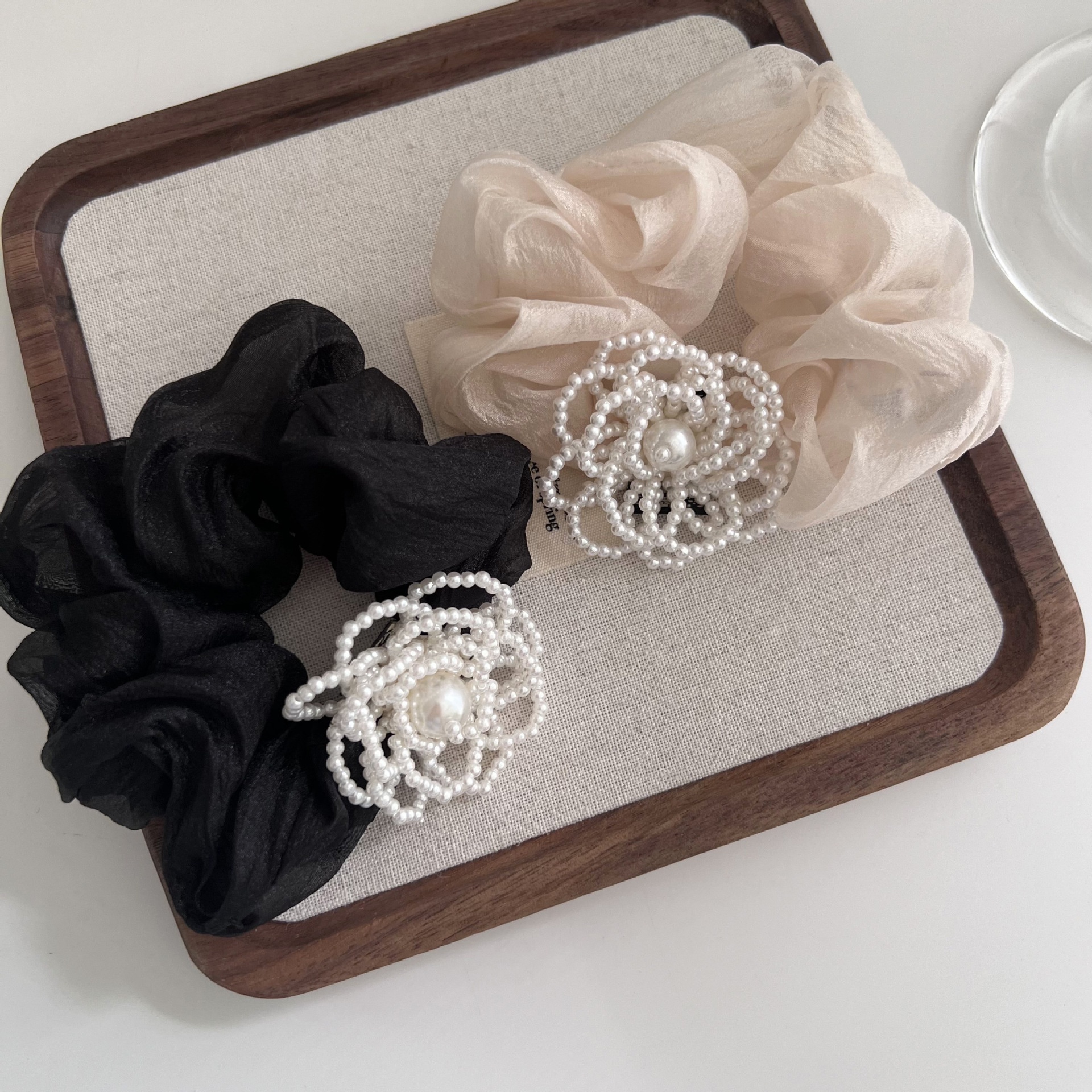 Women's Pearl Floral Mesh Hair Tie Elastic French Bun Solid Color