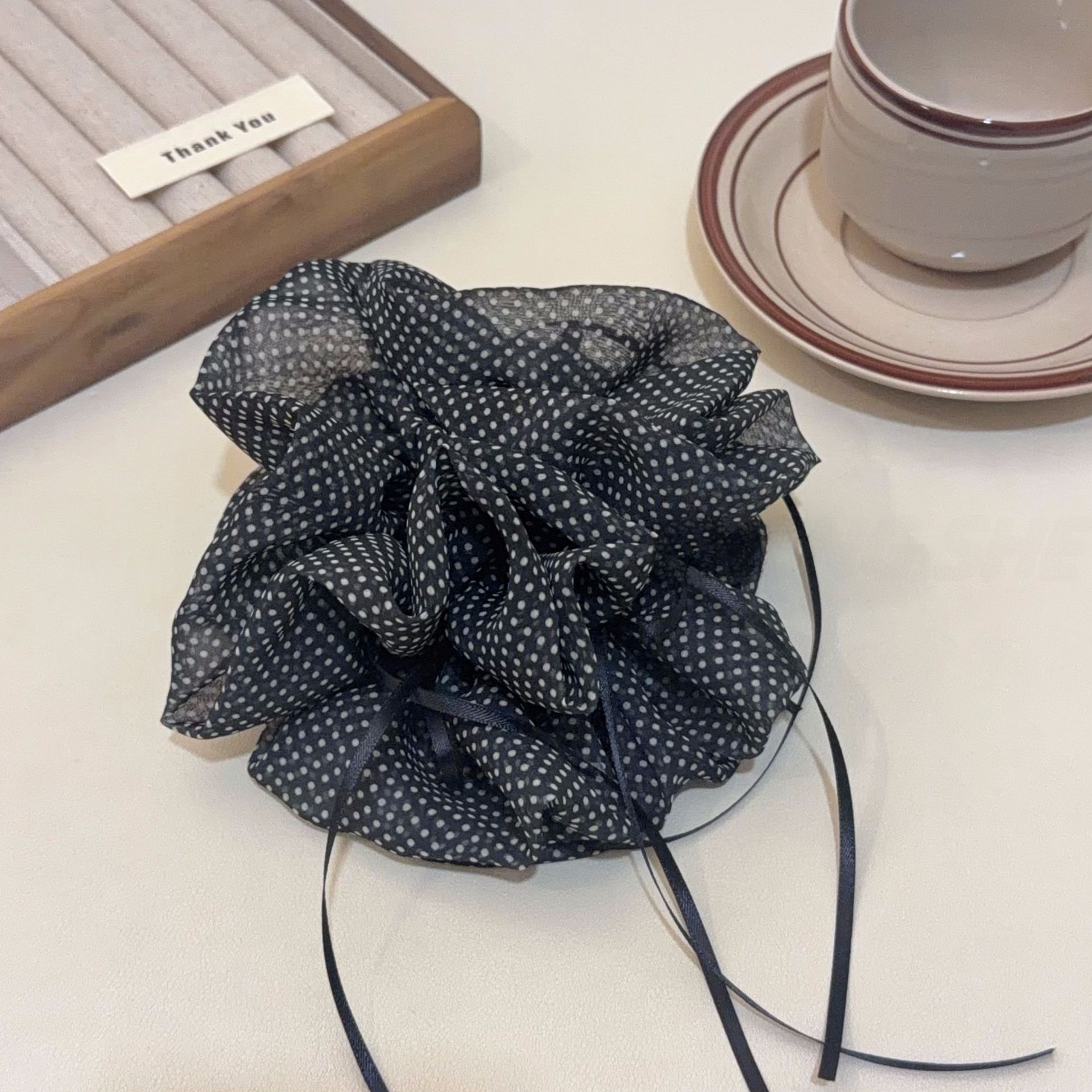 Women's All-Season Gauze Hair Scrunchie Beige Polka Dots Bow Knot