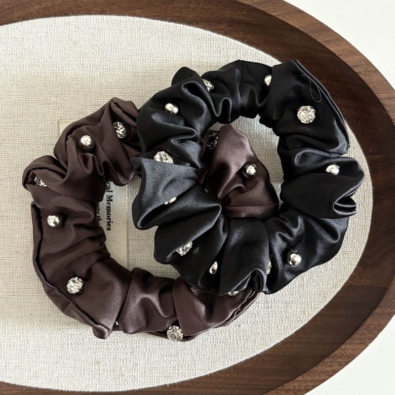 Women's Elegant Satin Crystal Ponytail Hair Ties Solid Black Coffee