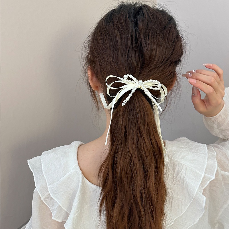 Women's Elegant Bow Knot Hair Tie with Imitation Pearls, Beige & Black