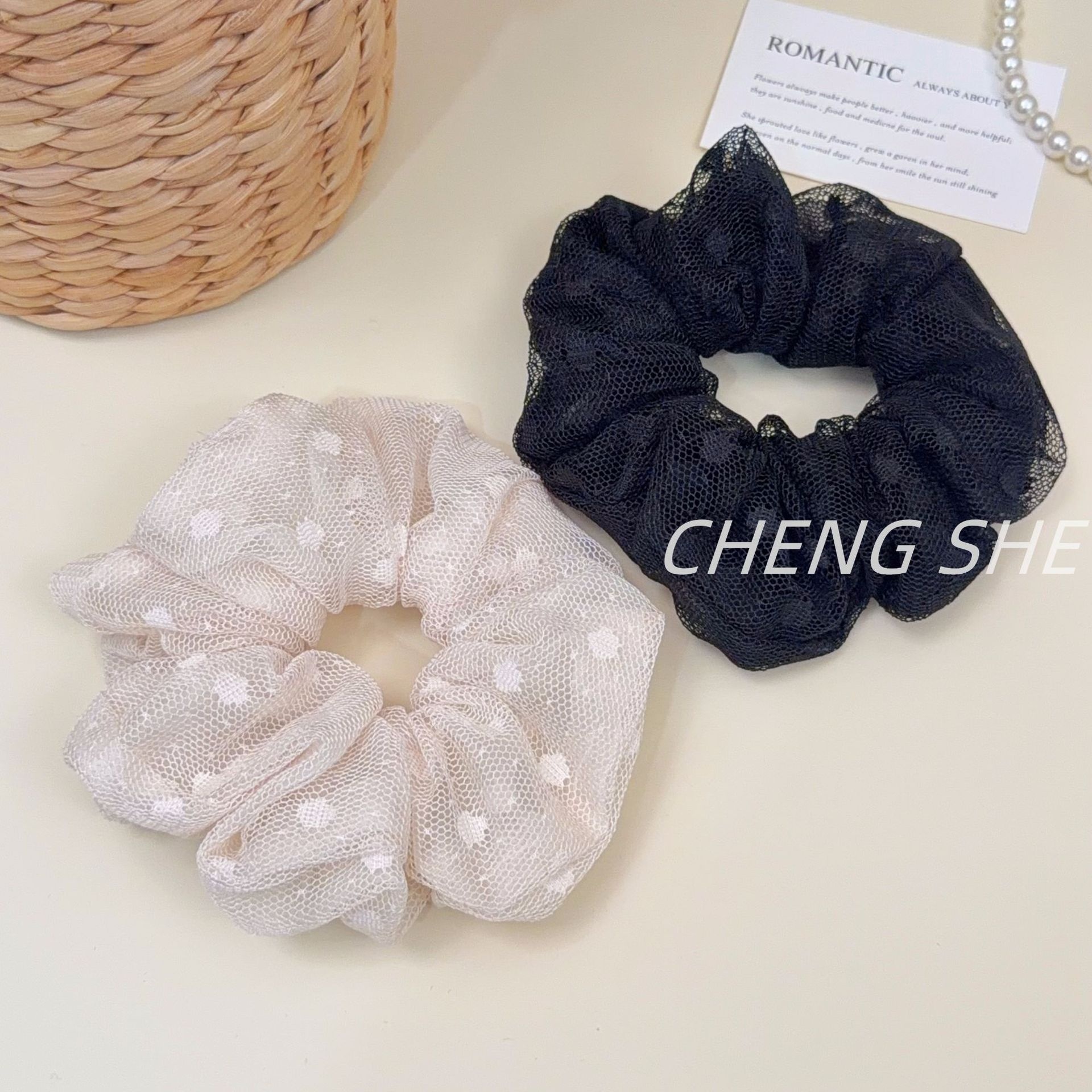 Women's Elegant Spring Soft Gauze Hair Tie Beige Polka Dots