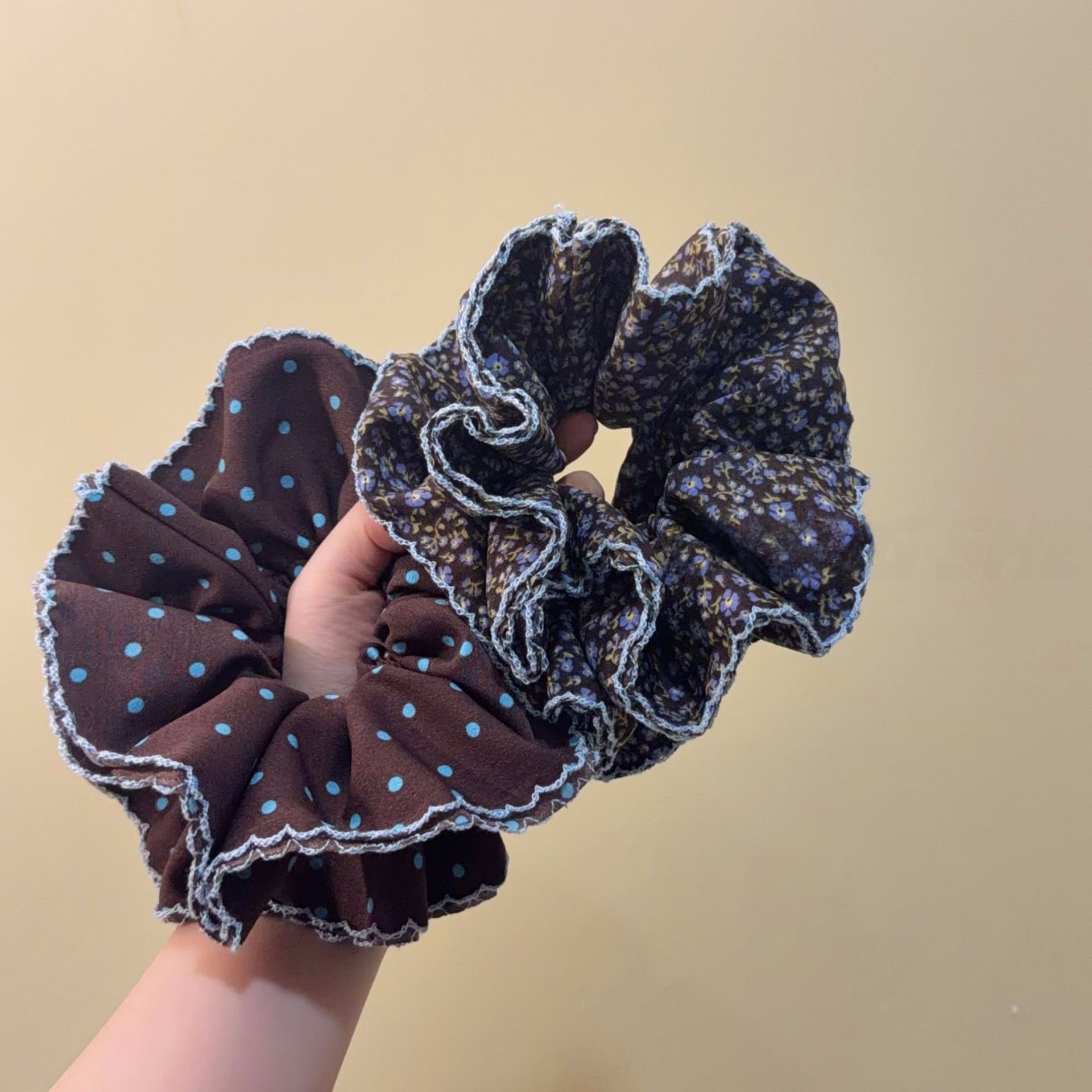 Women's Spring Summer Retro Lace Hair Tie Coffee Floral Polka Dots