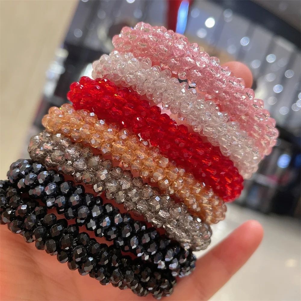 Women's Handmade Crystal Beaded Nylon Hair Ring Dual-Use Bracelet