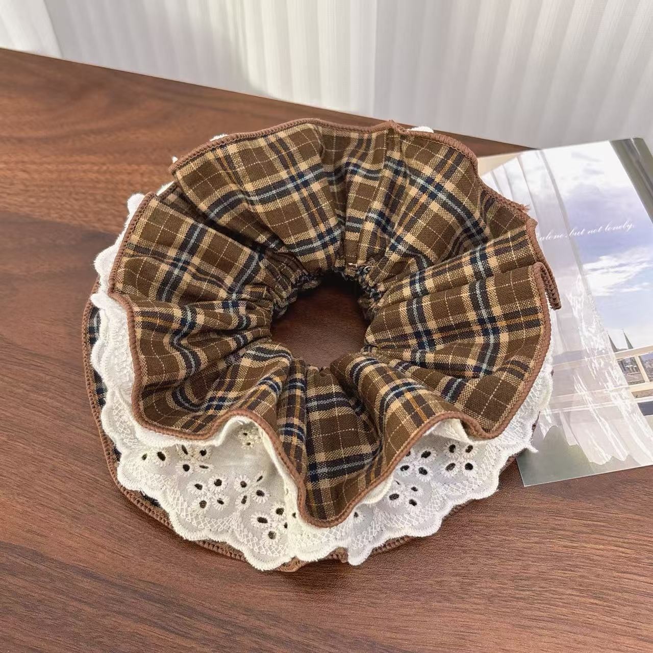 Women's Double Layer Cloth Lace Low Bun Hair Tie Plaid Pattern