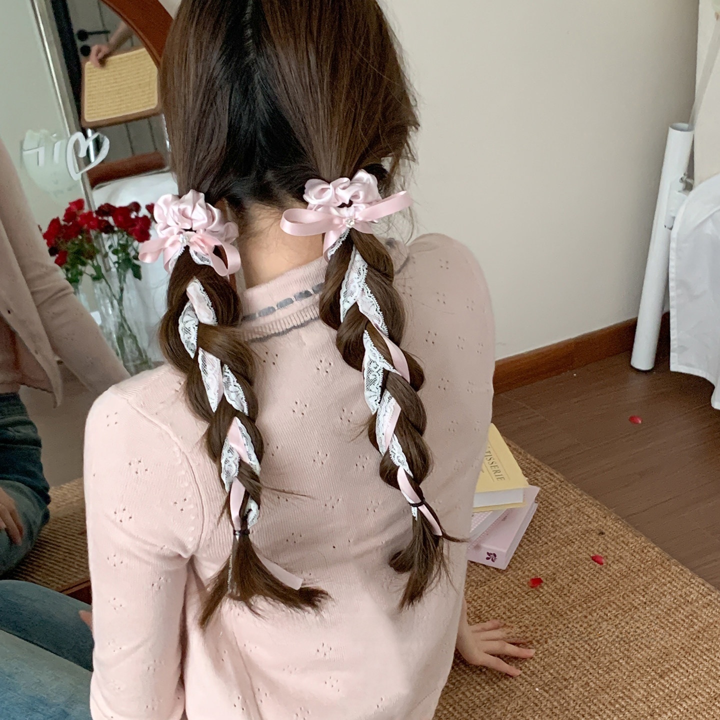 Women's Elegant Satin Hair Tie For Everyday Wear Beige Pink Bowknot