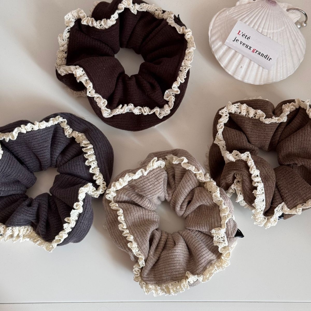 Women Casual Knitted Elastic Hairband Double Layer Lace Edge Solid Color