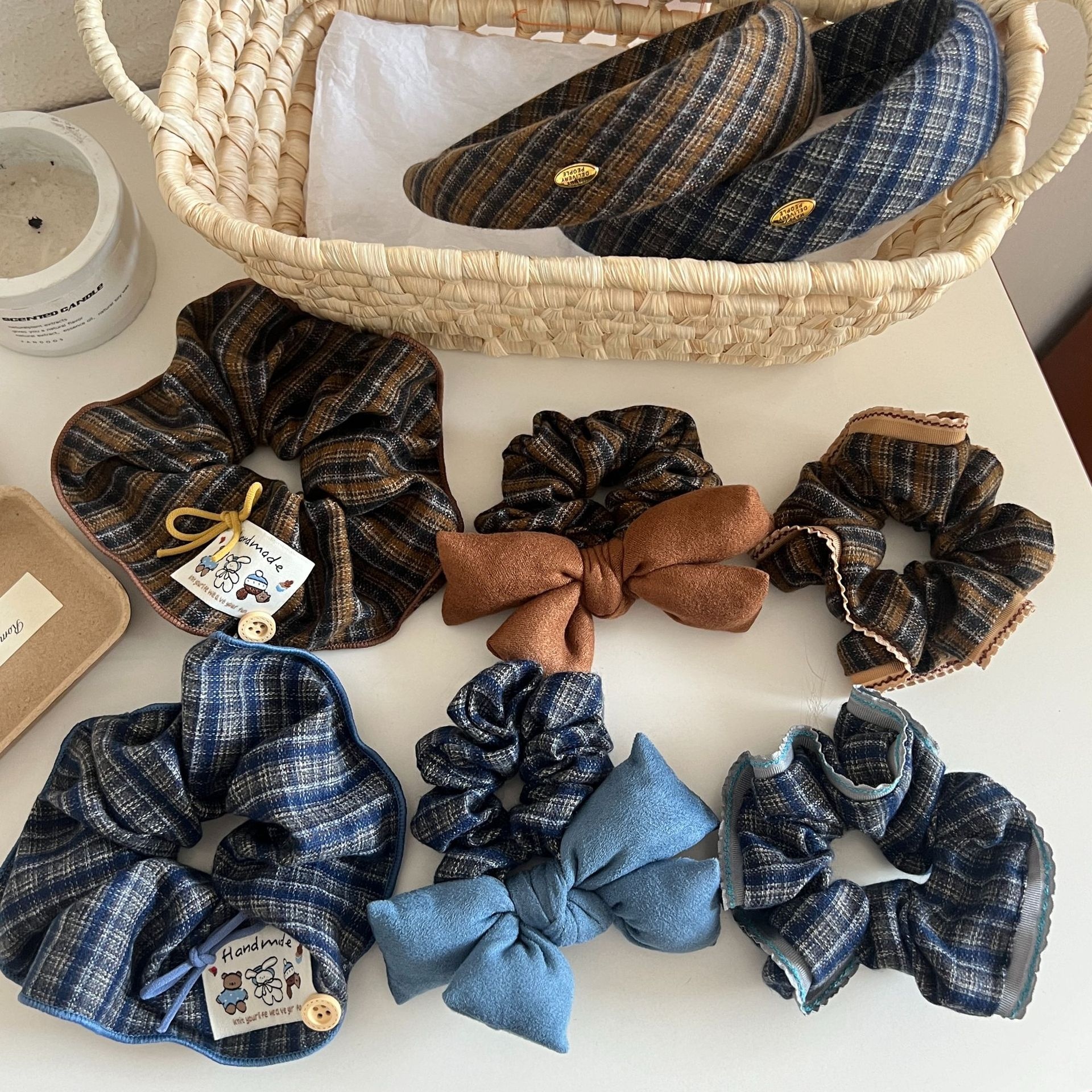 Women's Autumn Winter Cotton Large Bow Ponytail Hair Ties Plaid