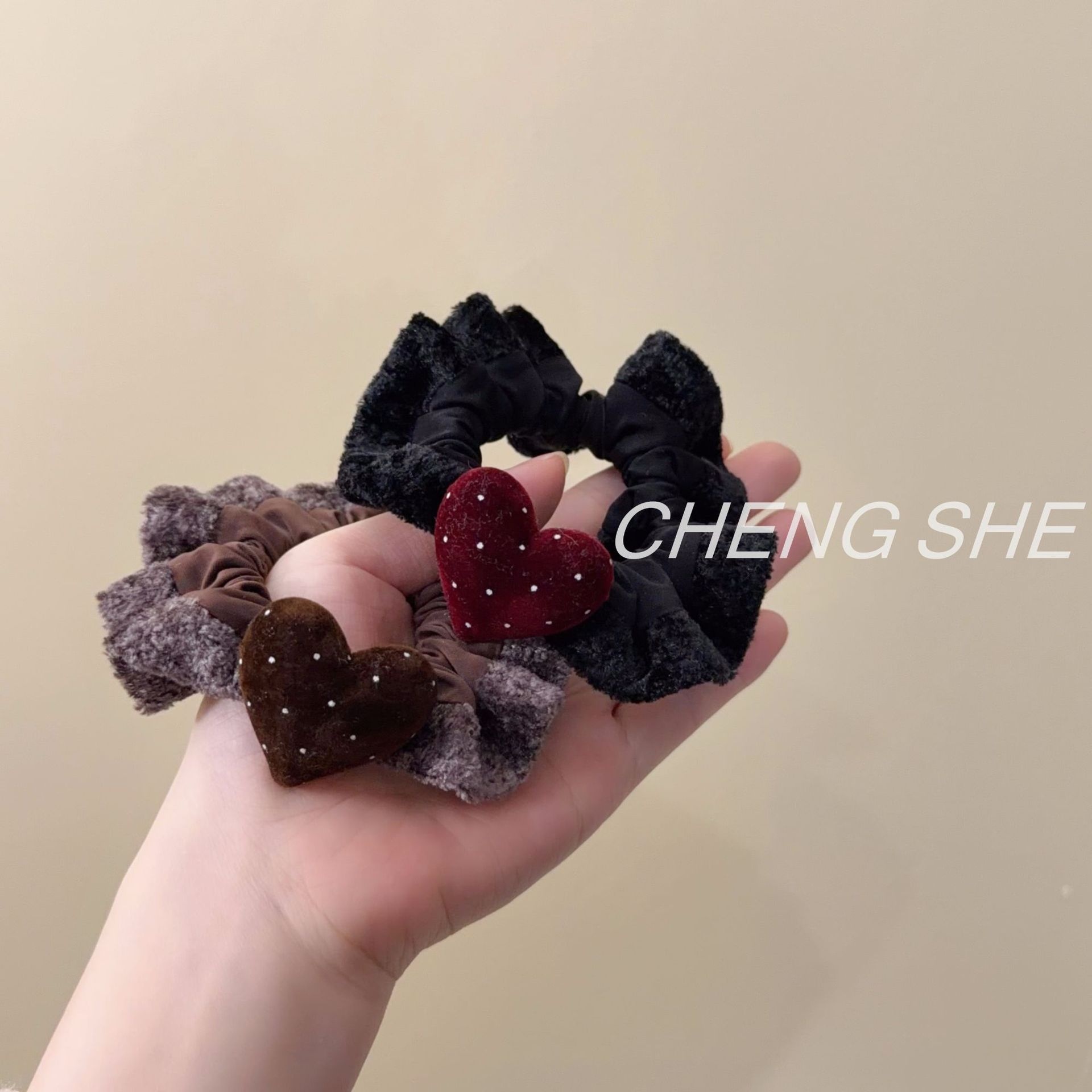 Women Winter Velvet Scrunchie Polka Dots Dark Coffee Elastic Hair Tie