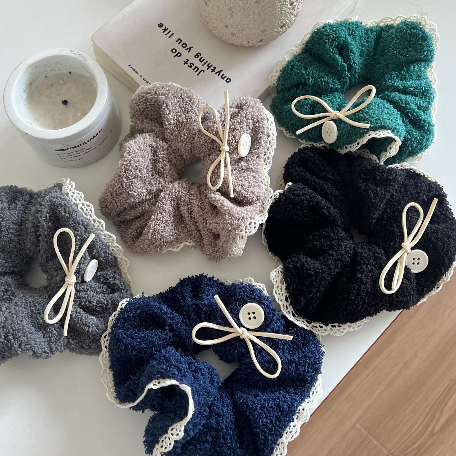 Women's Autumn Winter Fluffy Lace Trim Elastic Scrunchie Sweet Bowknot