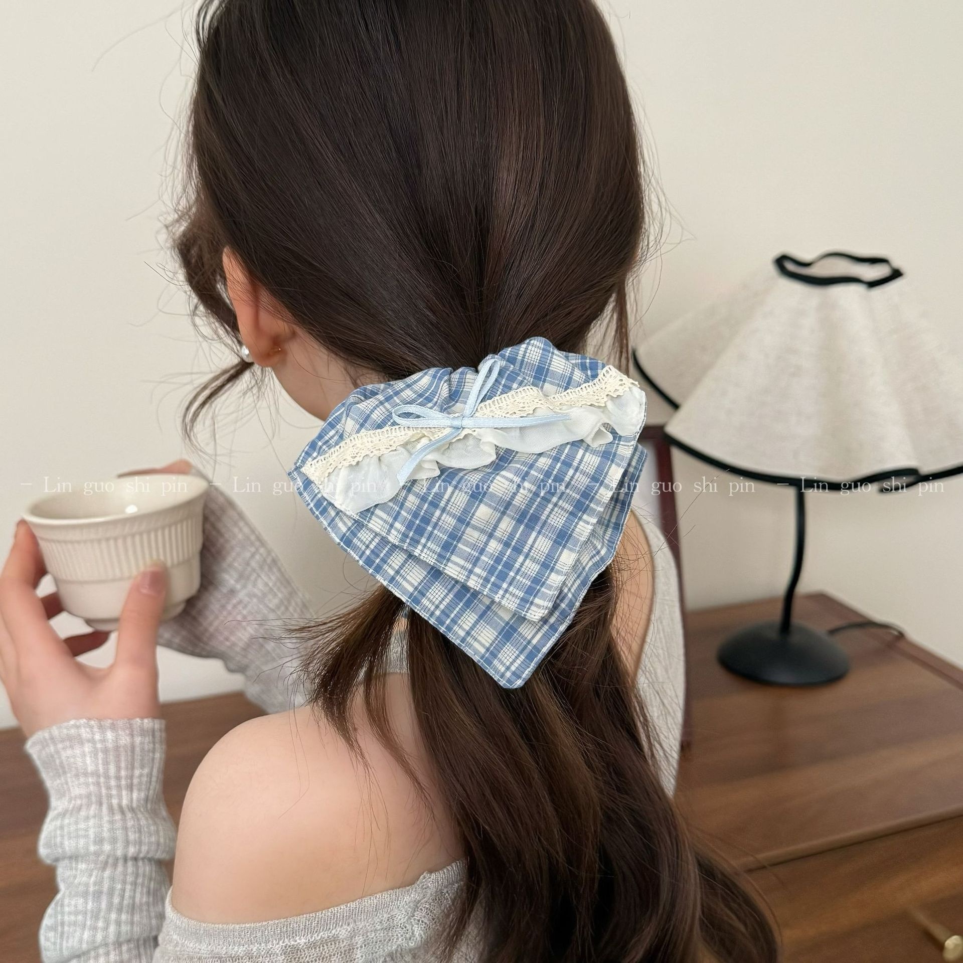 Women's All-Season Preppy Cloth Bowknot Hair Tie Blue Plaid Lace