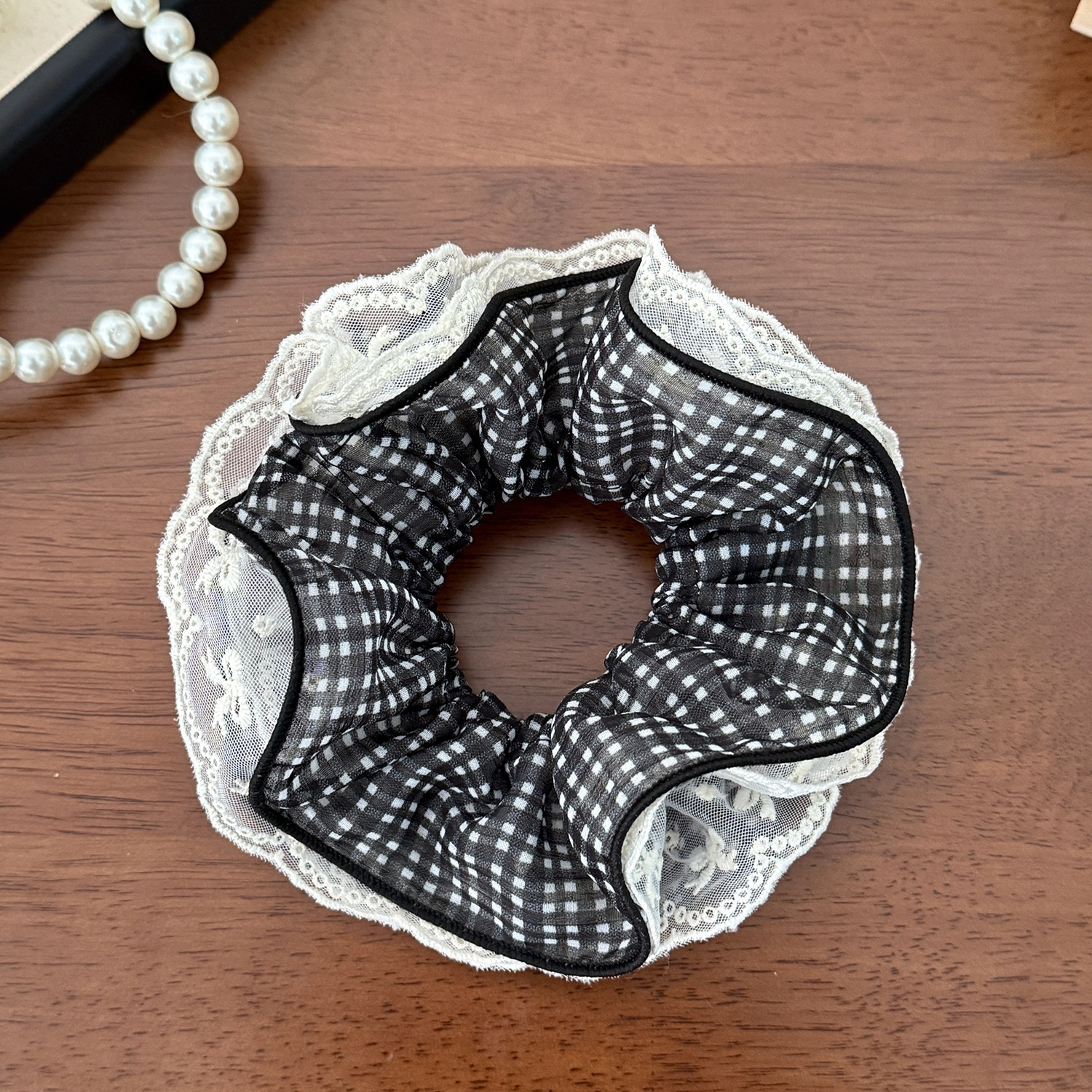 Women's Daily Preppy Style Gauze Hair Tie Classic Black Plaid