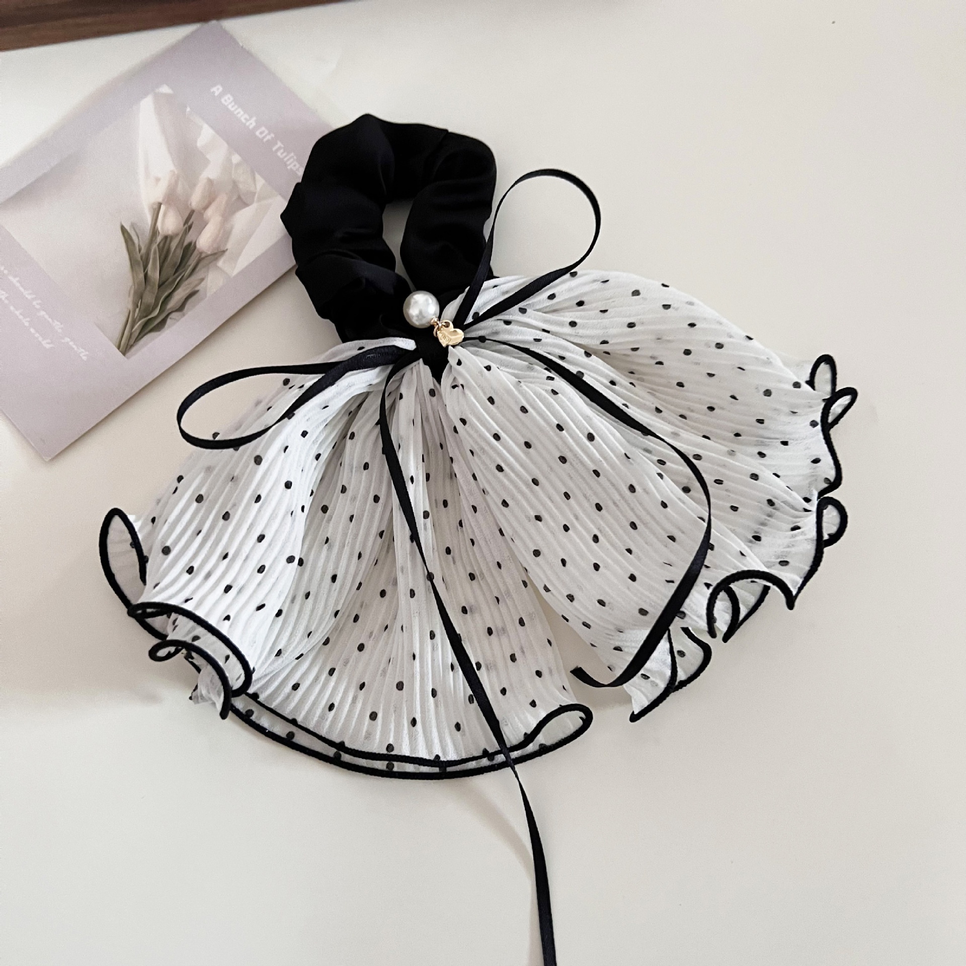 Women's Elegant French Gauze Bowknot Hair Tie Black White Polka Dot