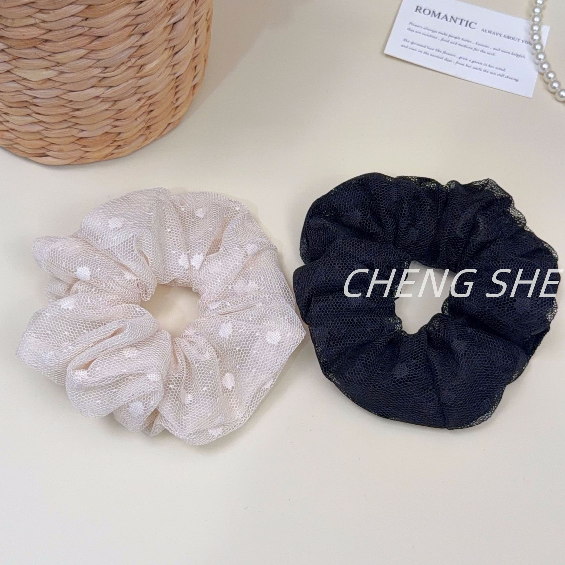 Women's Elegant Spring Soft Gauze Hair Tie Beige Polka Dots