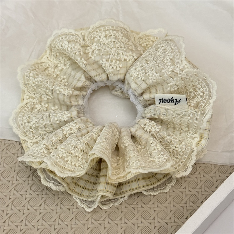 Women's All-Season Cloth Lace Scrunchies Hair Tie Beige Blue Plaid