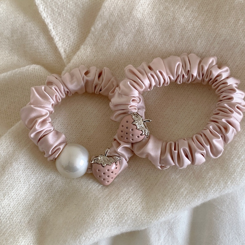Women's Spring Summer Satin Pearl Hair Tie Sweet Pink Strawberry