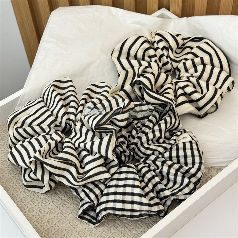 Women's All Season Cloth Scrunchie Hair Tie Black White Plaid Stripe