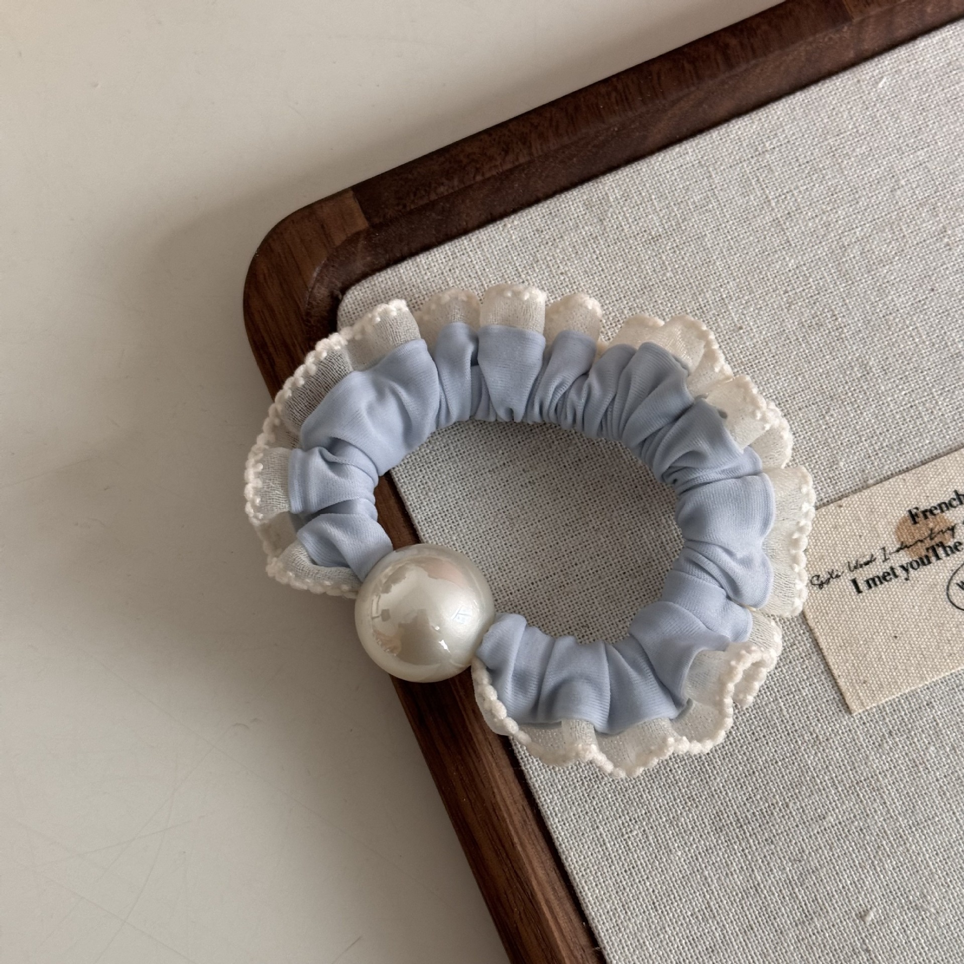 Women's Spring Satin Artificial Pearl Hair Tie Rubber Band Blue