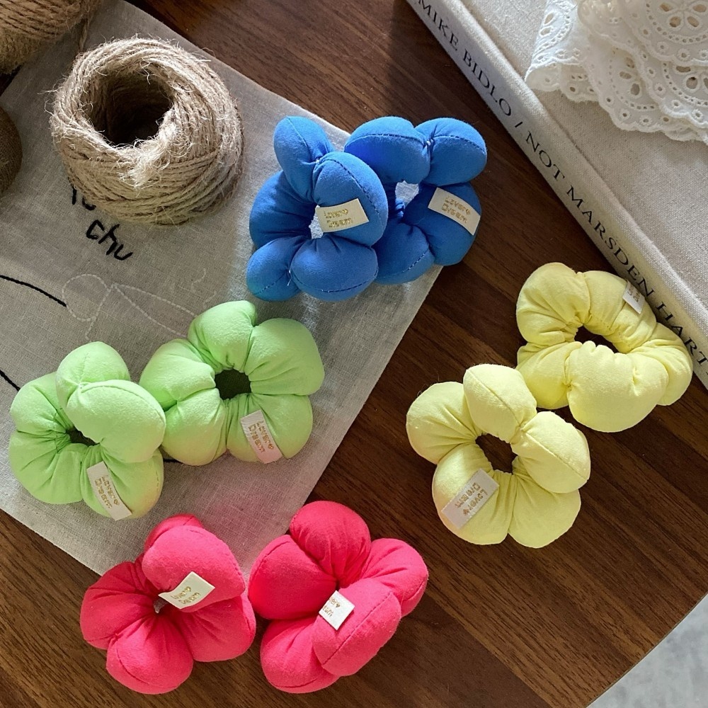 Women Sweet Cloth Bubble Braid Hair Rope Spring Floral Bow Knot Beige Pink