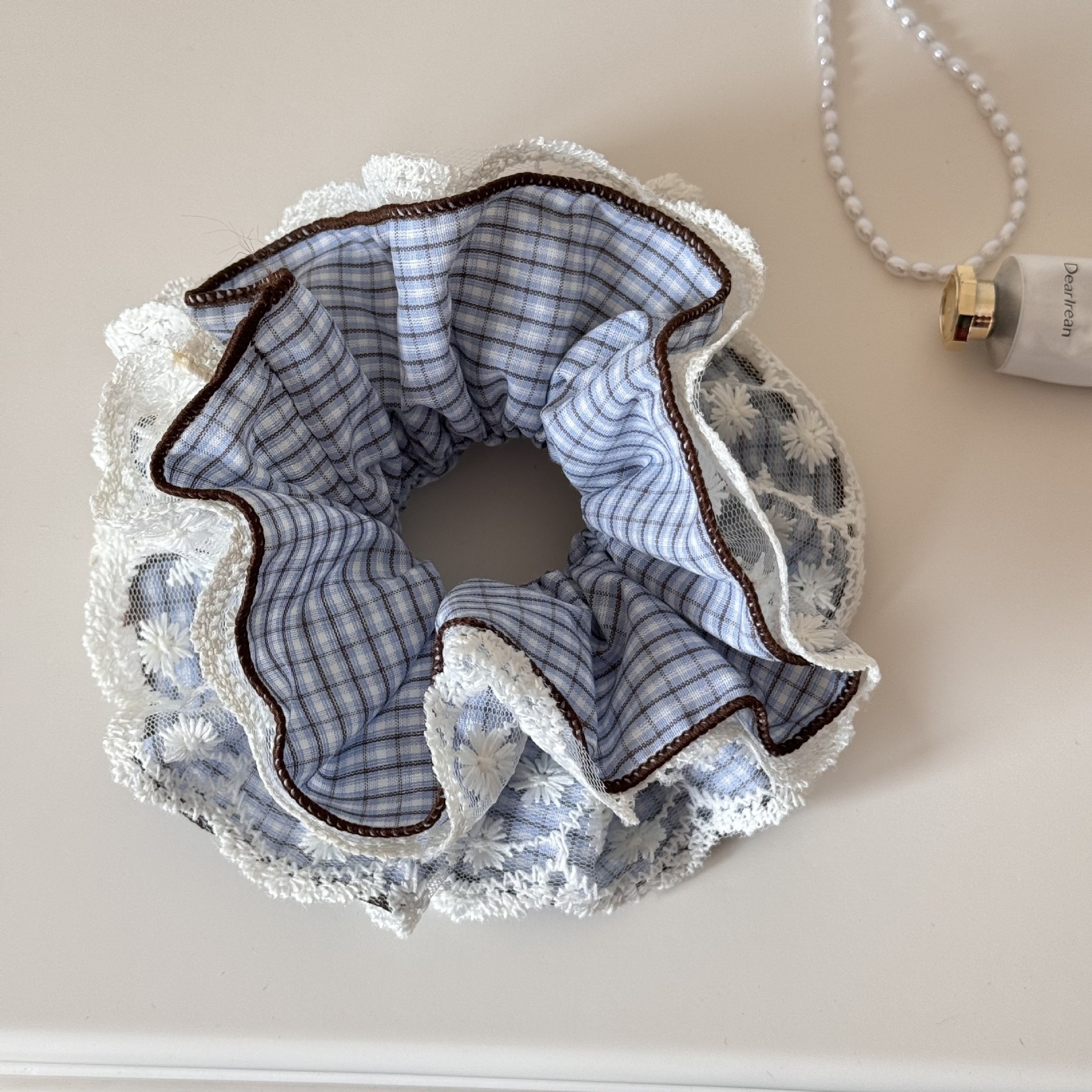 Women's Spring Cloth Scrunchie Hair Tie Blue Plaid Lace