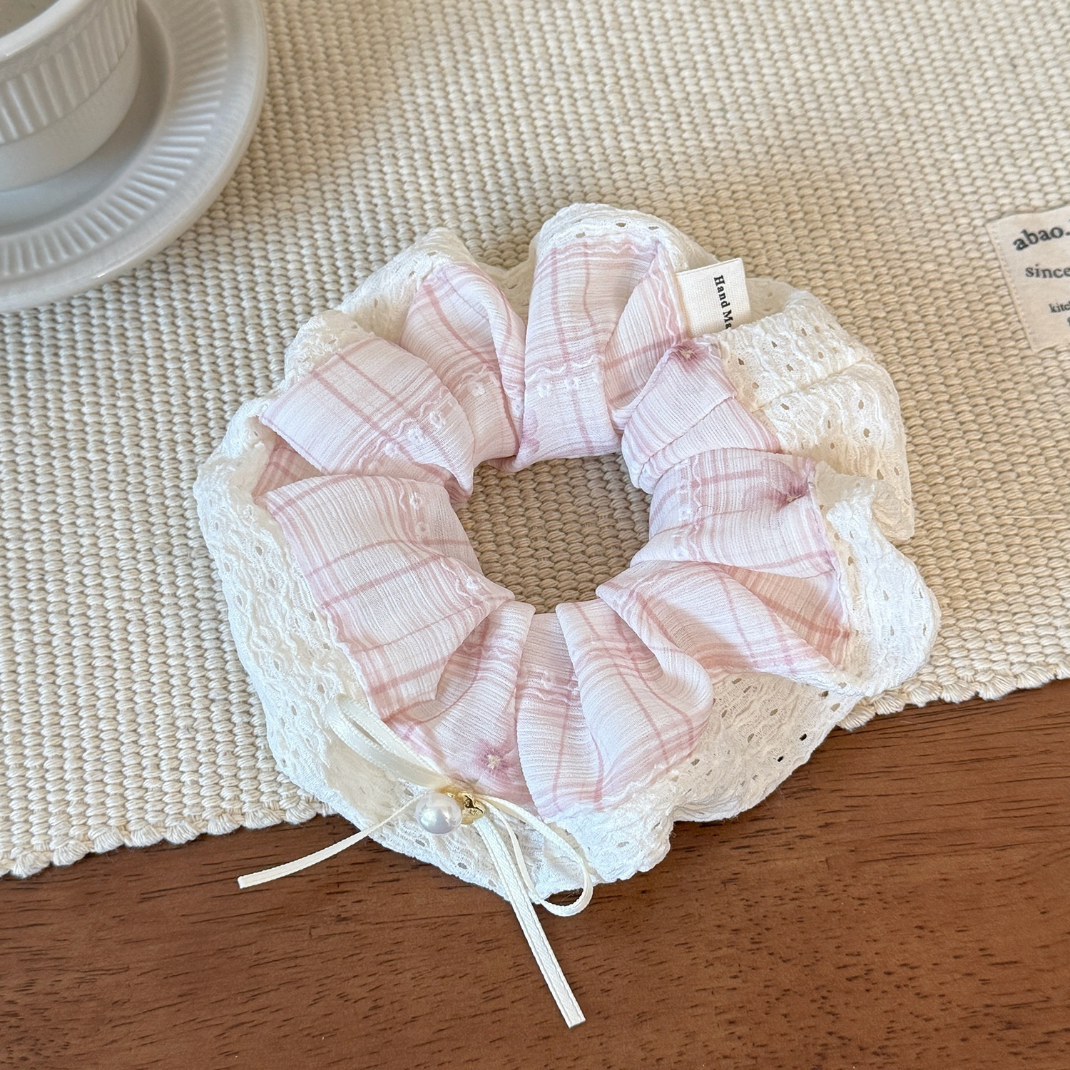 Women's Sweet Spring Summer Lace Bow Cloth Hair Tie Pink Blue Plaid