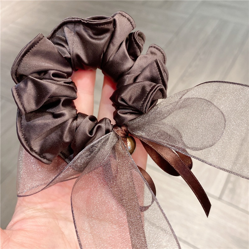 Women's Pearl Gauze Bow Hair Tie Elegant Low Ponytail Elastic Band Black Brown