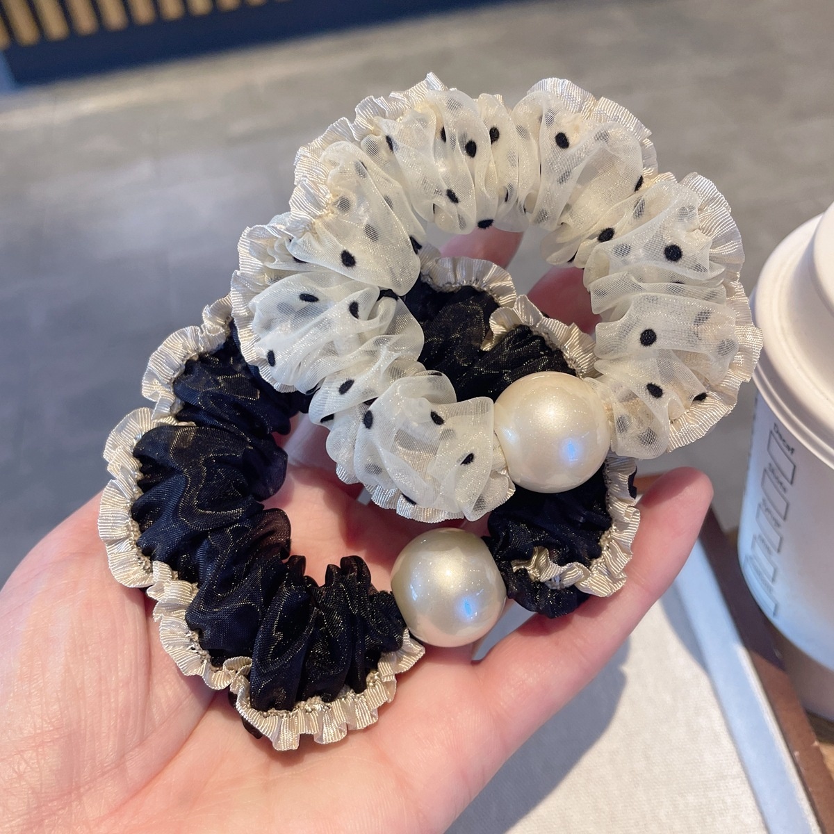 Women's Summer French Style Gauze Pearl Hair Tie Black Polka Dots