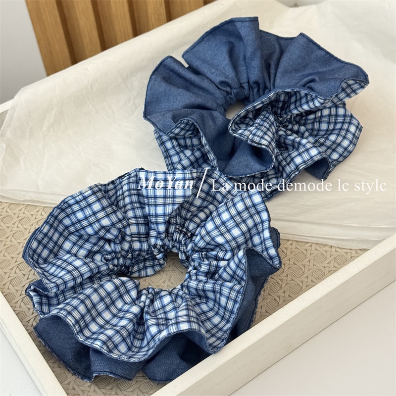 Women's Comfortable Cloth Scrunchies Hair Tie Blue Color Block Checkered